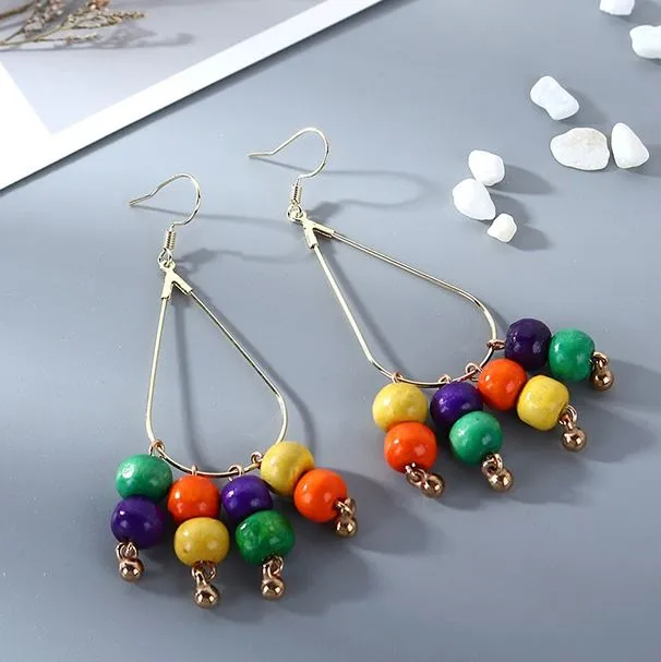 Earrings 02 E1378 Gold Teardrop Multi Color Wooden Bead Earrings