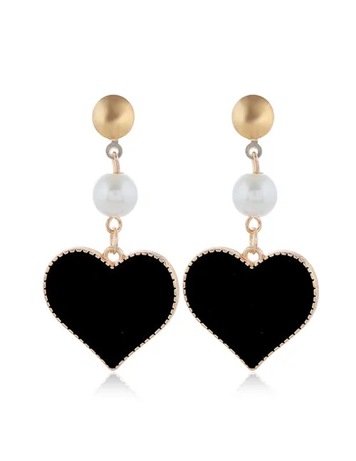 Earrings 02 E1400 Gold Black Baked Enamel Heart with Pearl Earrings