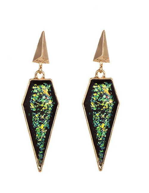 Earrings 02 E1448 Triangle Design Black Gold Green Flakes Gemstone Earrings