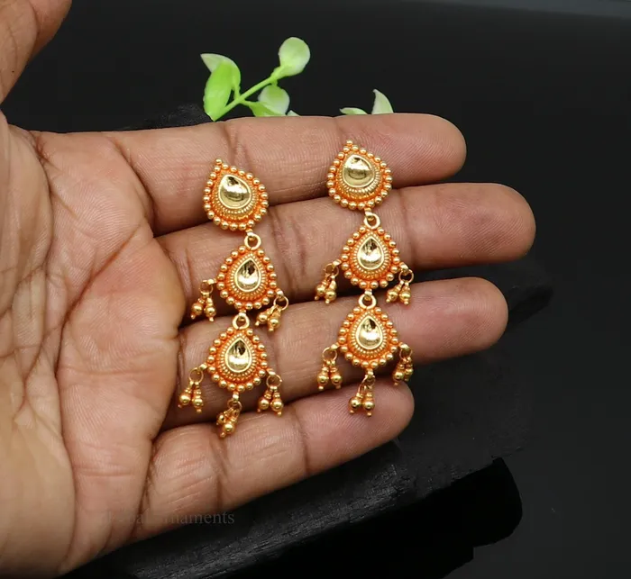 Earrings 22Kt yellow gold handmade Vintage antique Tussi design earring gorgeous brides gifting stud earring drop dangle wedding jewelry ear131 TRIBAL ORNAMENTS