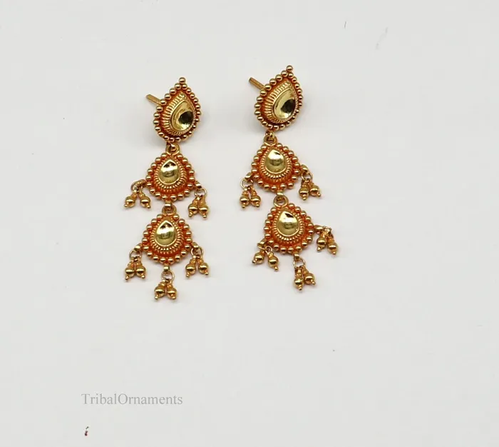 Earrings 22Kt yellow gold handmade Vintage antique Tussi design earring gorgeous brides gifting stud earring drop dangle wedding jewelry ear131 TRIBAL ORNAMENTS