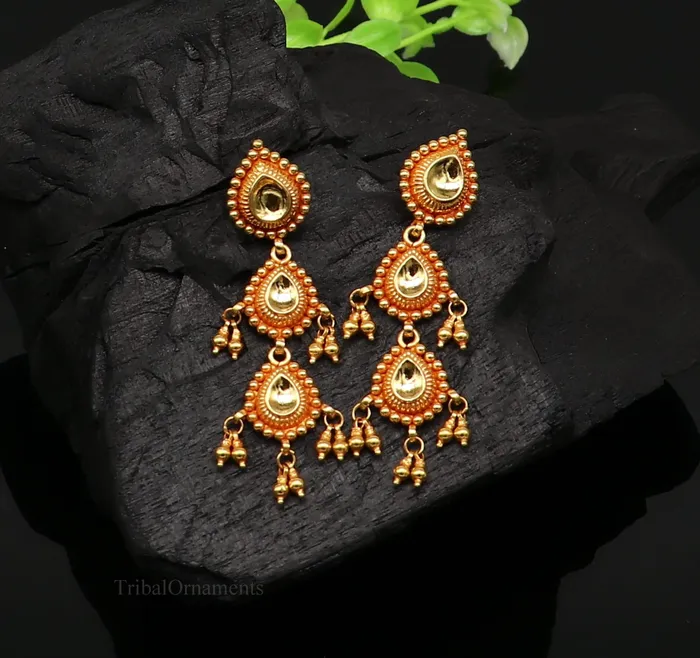 Earrings 22Kt yellow gold handmade Vintage antique Tussi design earring gorgeous brides gifting stud earring drop dangle wedding jewelry ear131 TRIBAL ORNAMENTS