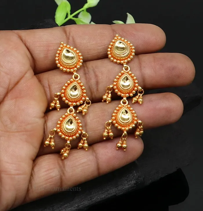 Earrings 22Kt yellow gold handmade Vintage antique Tussi design earring gorgeous brides gifting stud earring drop dangle wedding jewelry ear131 TRIBAL ORNAMENTS