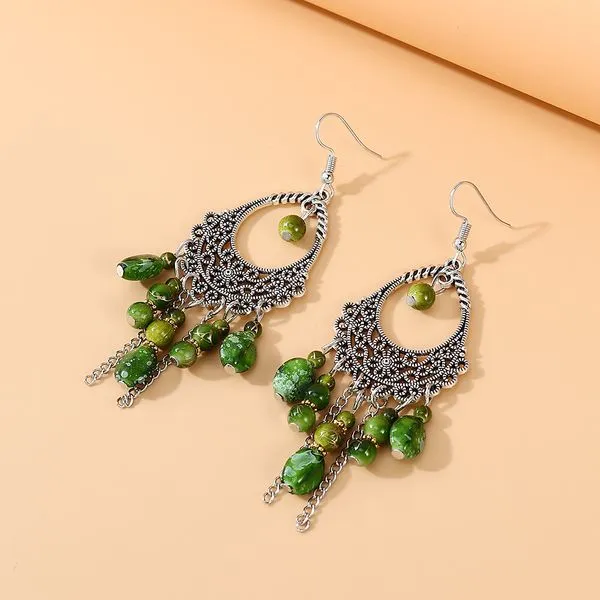 Earrings E198 Silver Filigree Shades of Green Stone Tassel Earrings 01