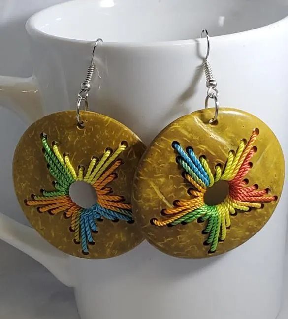Earrings POLLY E328 Round Yellow Coconut Shell Wooden Earrings