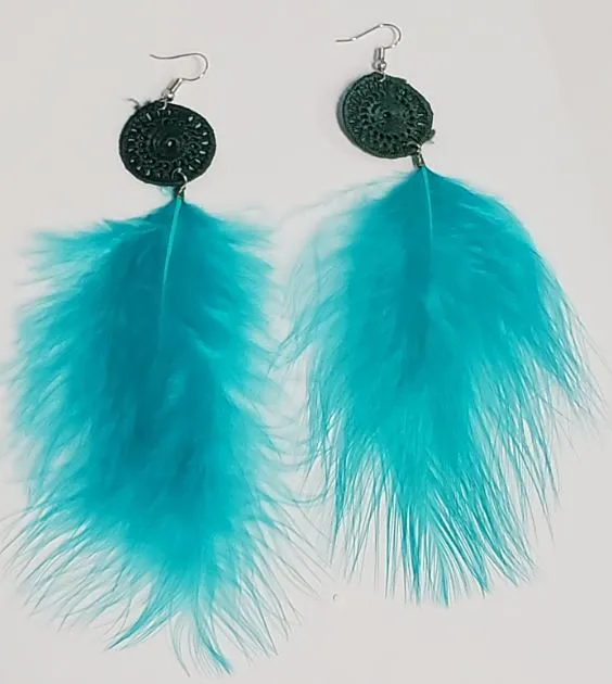 Earrings POLLY E386 Teal Large 4 Feather Earrings