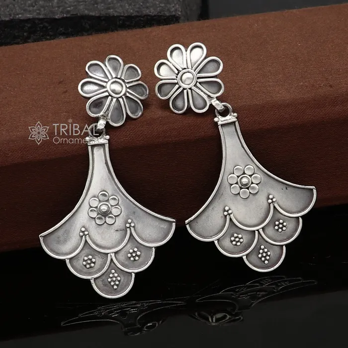 Earrings TRIBAL ORNAMENTS 925 Sterling silver handmade traditional cultural design drop dangler fancy earrings best party functional Navratri jewelry s1237 Earrings TRIBAL ORNAMENTS 925 Sterling silver handmade traditional cultural design drop dangler fancy earrings best party functional Navratri jewelry s1237