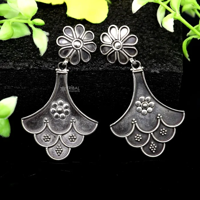 Earrings TRIBAL ORNAMENTS 925 Sterling silver handmade traditional cultural design drop dangler fancy earrings best party functional Navratri jewelry s1237 Earrings TRIBAL ORNAMENTS 925 Sterling silver handmade traditional cultural design drop dangler fancy earrings best party functional Navratri jewelry s1237