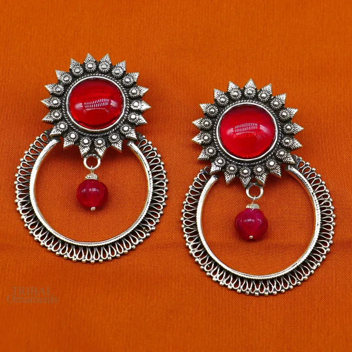 Earrings TRIBAL ORNAMENTS 925 sterling silver traditional style handmade fabulous red glossy stone Stud earrings tribal ethnic style earring ear1150