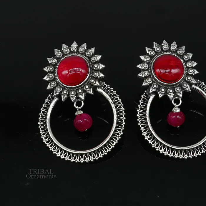 Earrings TRIBAL ORNAMENTS 925 sterling silver traditional style handmade fabulous red glossy stone Stud earrings tribal ethnic style earring ear1150