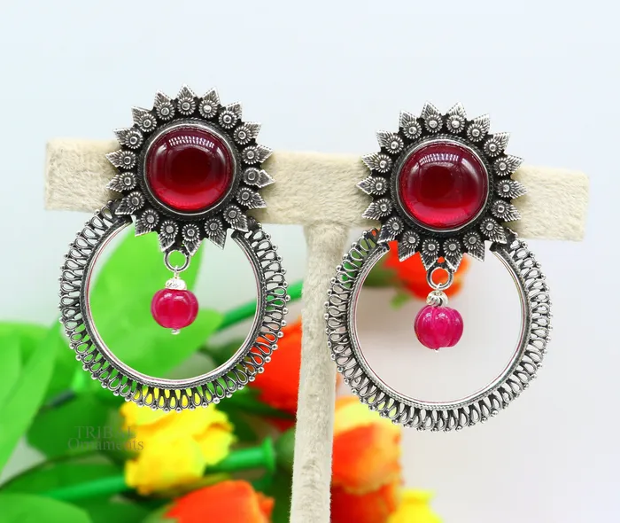 Earrings TRIBAL ORNAMENTS 925 sterling silver traditional style handmade fabulous red glossy stone Stud earrings tribal ethnic style earring ear1150