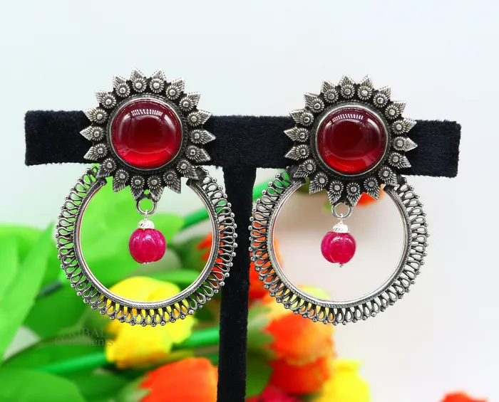 Earrings TRIBAL ORNAMENTS 925 sterling silver traditional style handmade fabulous red glossy stone Stud earrings tribal ethnic style earring ear1150