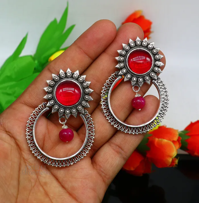 Earrings TRIBAL ORNAMENTS 925 sterling silver traditional style handmade fabulous red glossy stone Stud earrings tribal ethnic style earring ear1150
