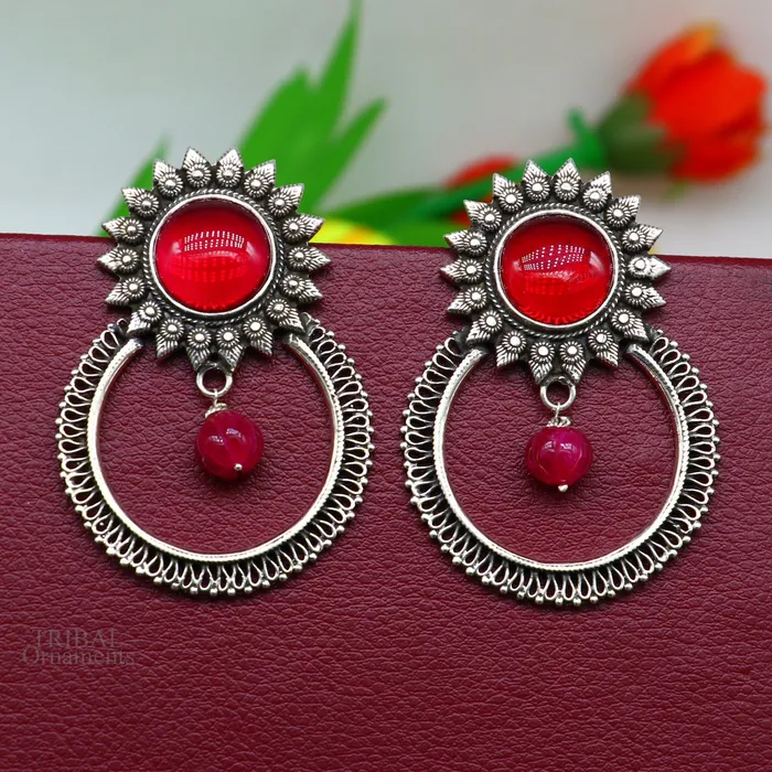 Earrings TRIBAL ORNAMENTS 925 sterling silver traditional style handmade fabulous red glossy stone Stud earrings tribal ethnic style earring ear1150