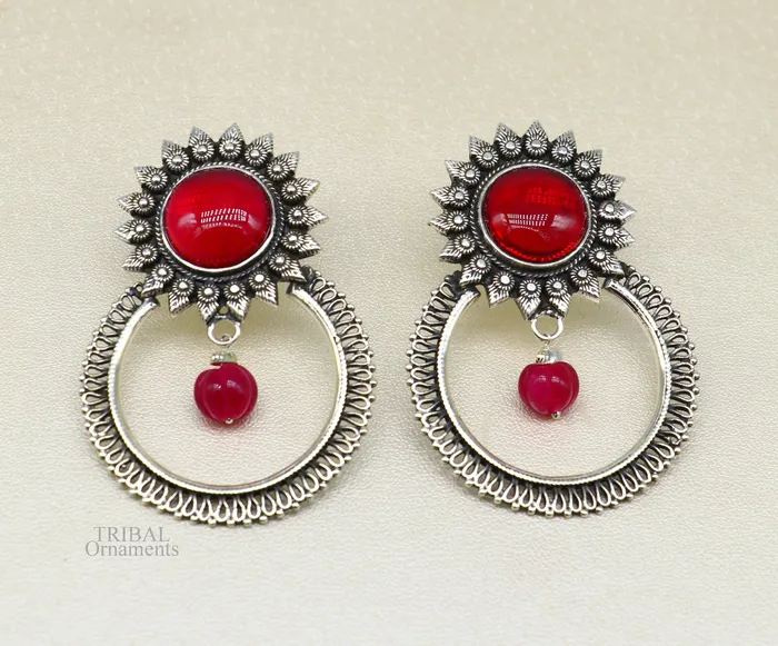 Earrings TRIBAL ORNAMENTS 925 sterling silver traditional style handmade fabulous red glossy stone Stud earrings tribal ethnic style earring ear1150