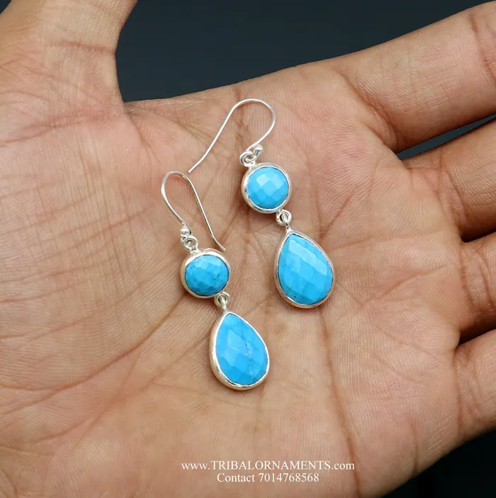 Earrings TRIBAL ORNAMENTS Simulated sapphire 925 silver daily use simulated sapphire hoops earrings s02
