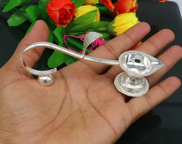 Earrings TRIBAL ORNAMENTS Vintage style solid Sterling silver handmade single deepak oil lamp Aarti lamp amazing handcrafting work decor temple art figurine su435