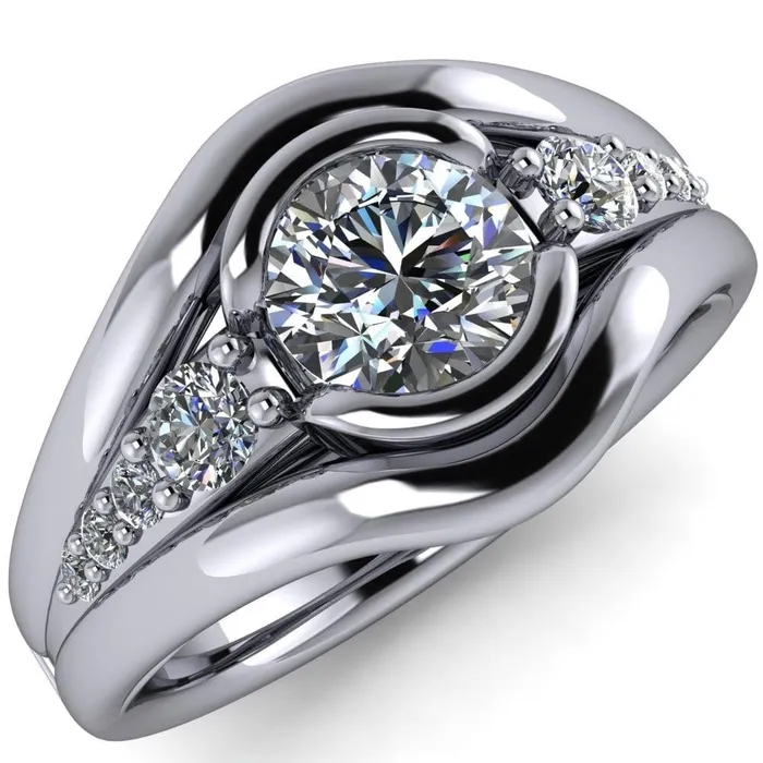 Elaine Round Center Stone HalfBezel Accent Split Shank Ring Fire Brilliance Rings