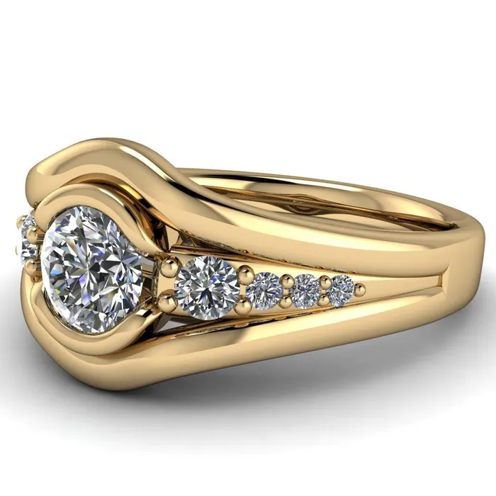 Elaine Round Center Stone HalfBezel Accent Split Shank Ring Fire Brilliance Rings