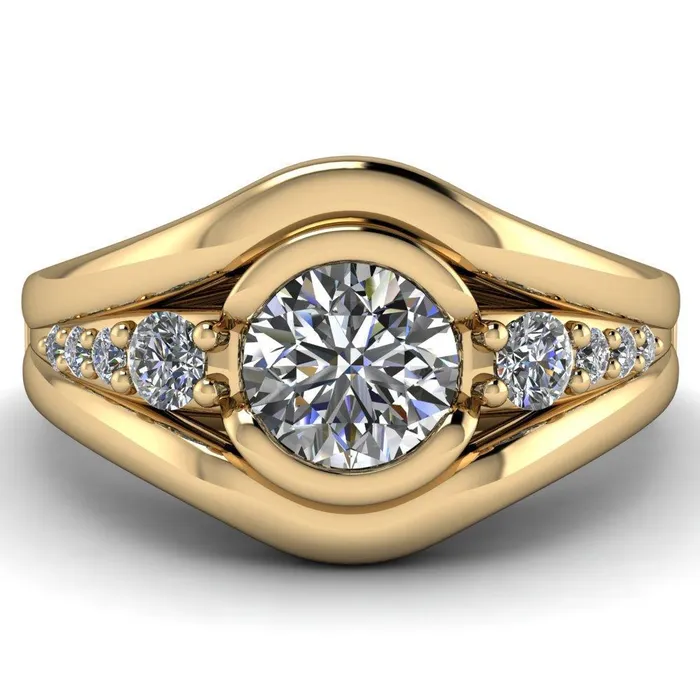 Elaine Round Center Stone HalfBezel Accent Split Shank Ring Fire Brilliance Rings