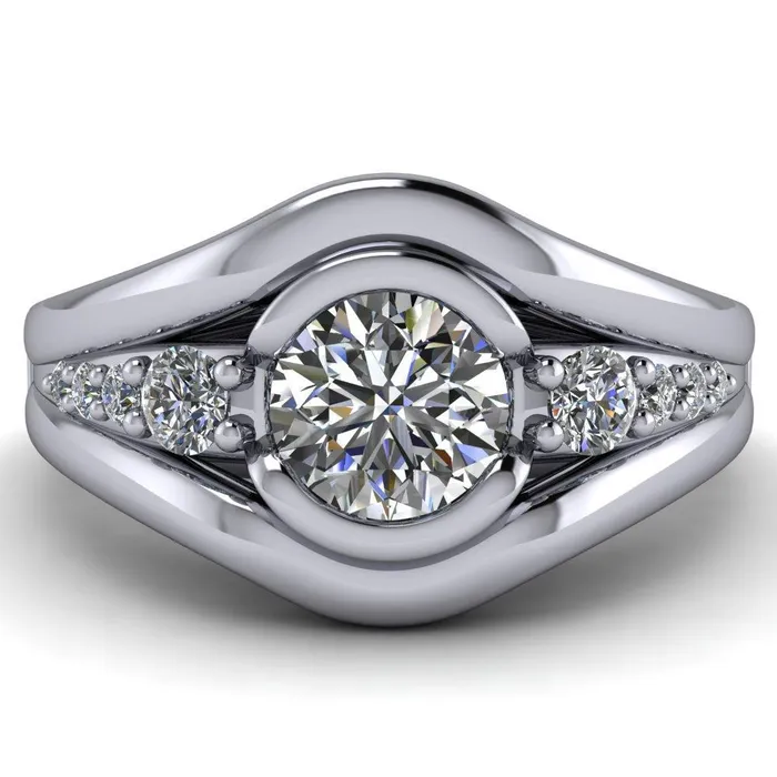 Elaine Round Center Stone HalfBezel Accent Split Shank Ring Fire Brilliance Rings