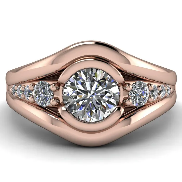 Elaine Round Center Stone HalfBezel Accent Split Shank Ring Fire Brilliance Rings