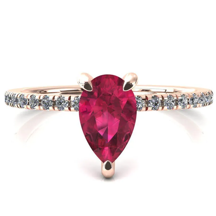 Ezili Pear Ruby 3 Claw Prong Micro Pave Diamond Sides Engagement Ring Fire Brilliance Rings