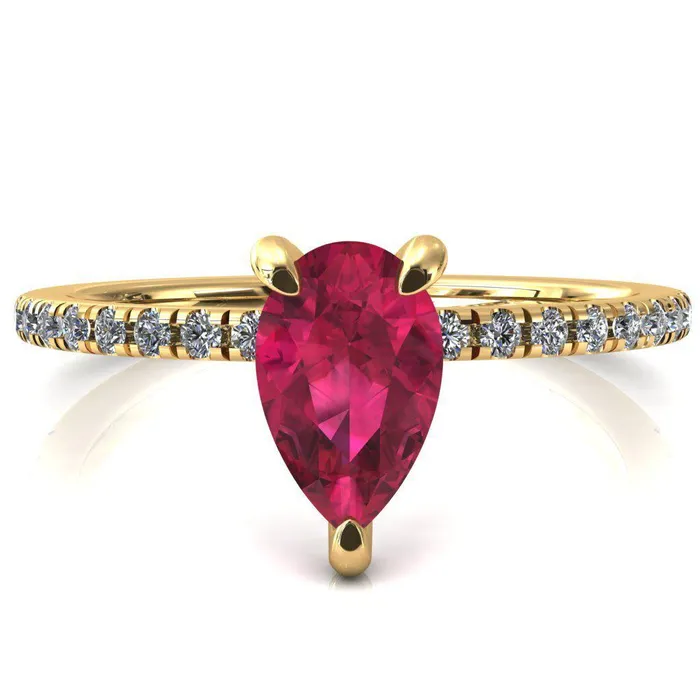 Ezili Pear Ruby 3 Claw Prong Micro Pave Diamond Sides Engagement Ring Fire Brilliance Rings