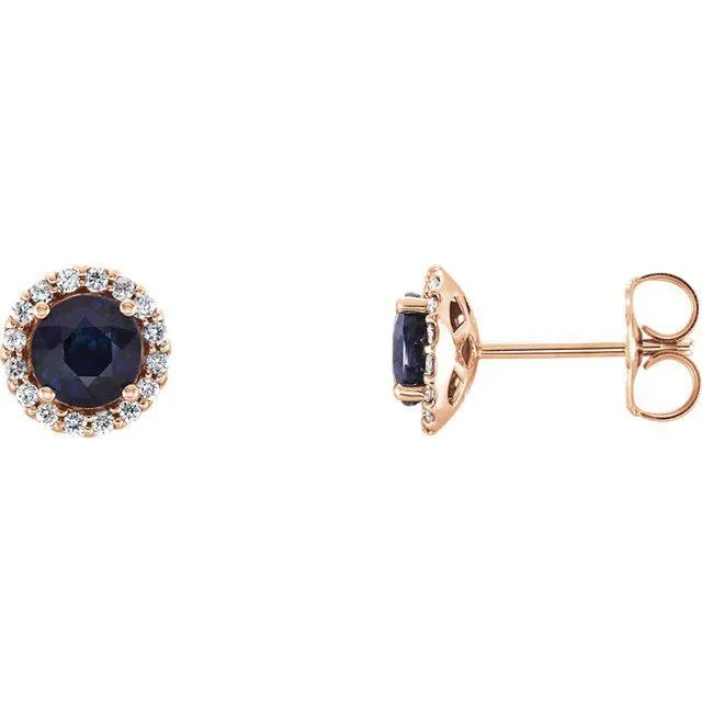 Fire Brilliance Earrings Round LabCreated Blue Sapphire Natural Diamond Halo 4 Prong Earrings