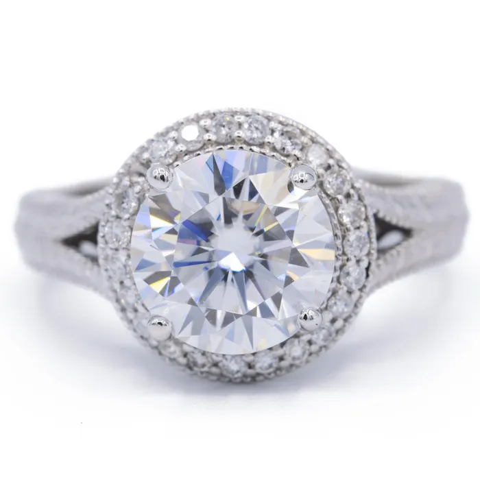 Fire Brilliance Rings 8mm Round Center 14K White Gold Milgrain and Filigree Split Band with Diamond Halo Ring Fire Brilliance Rings 8mm Round Center 14K White Gold Milgrain and Filigree Split Band with Diamond Halo Ring