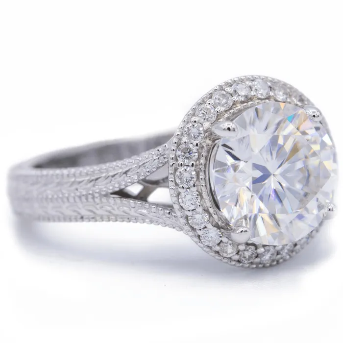 Fire Brilliance Rings 8mm Round Center 14K White Gold Milgrain and Filigree Split Band with Diamond Halo Ring