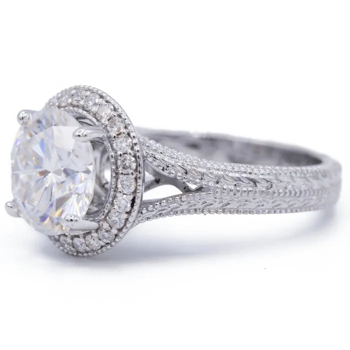 Fire Brilliance Rings 8mm Round Center 14K White Gold Milgrain and Filigree Split Band with Diamond Halo Ring