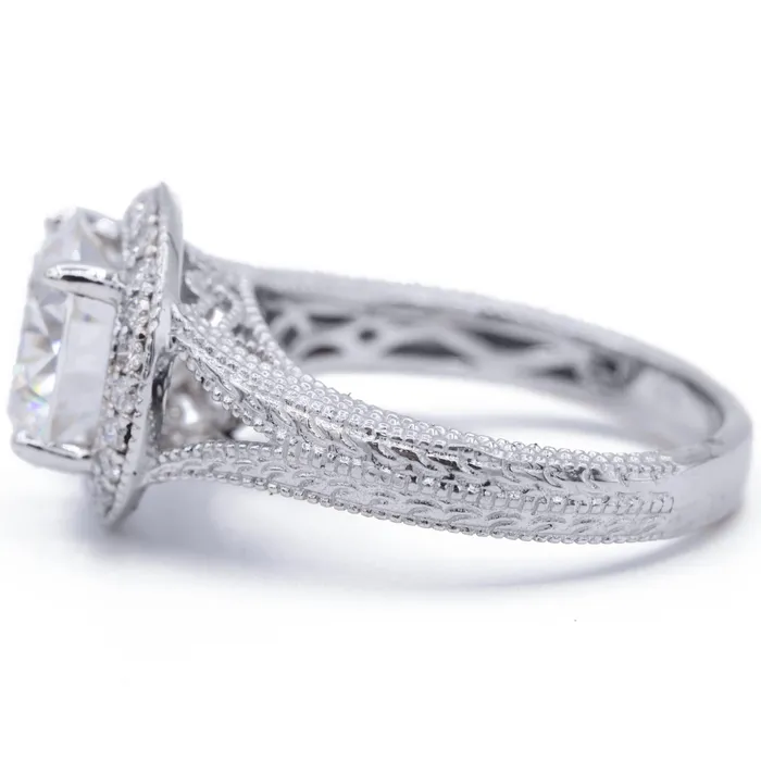 Fire Brilliance Rings 8mm Round Center 14K White Gold Milgrain and Filigree Split Band with Diamond Halo Ring