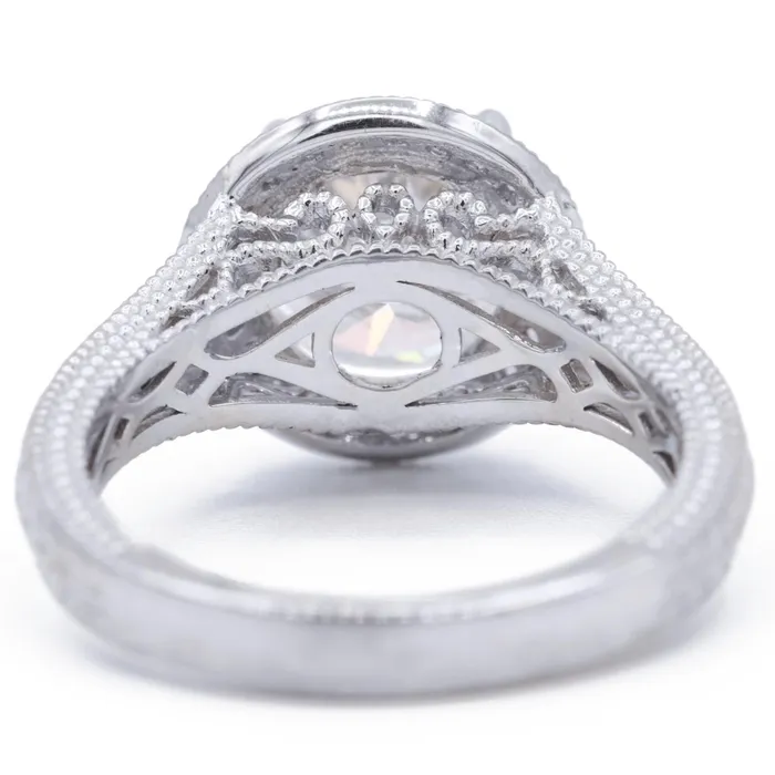 Fire Brilliance Rings 8mm Round Center 14K White Gold Milgrain and Filigree Split Band with Diamond Halo Ring