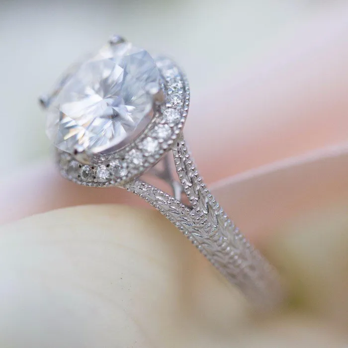 Fire Brilliance Rings 8mm Round Center 14K White Gold Milgrain and Filigree Split Band with Diamond Halo Ring