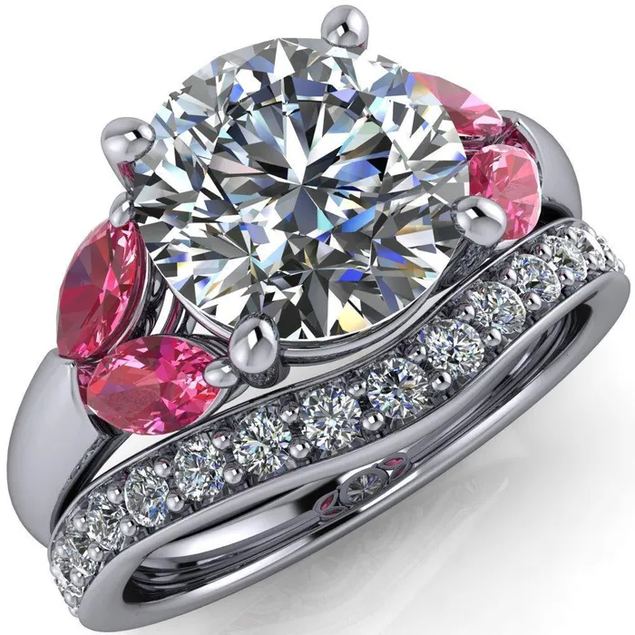 Fire Brilliance Rings Adrenne Round Center Stone 4 Prong Double Pink Sapphire Marquise Side Ring Fire Brilliance Rings Adrenne Round Center Stone 4 Prong Double Pink Sapphire Marquise Side Ring