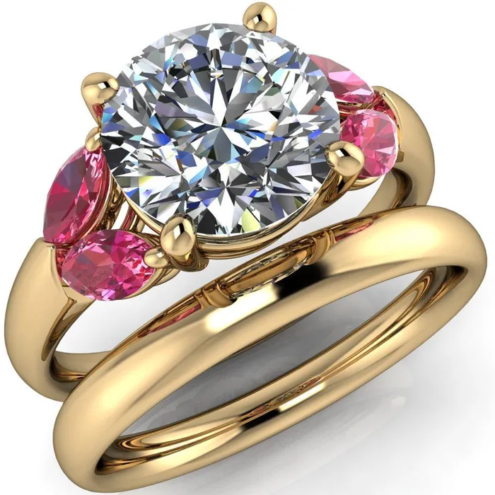 Fire Brilliance Rings Adrenne Round Center Stone 4 Prong Double Pink Sapphire Marquise Side Ring
