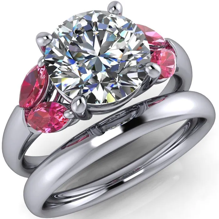 Fire Brilliance Rings Adrenne Round Center Stone 4 Prong Double Pink Sapphire Marquise Side Ring