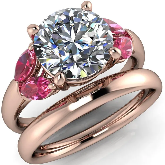 Fire Brilliance Rings Adrenne Round Center Stone 4 Prong Double Pink Sapphire Marquise Side Ring