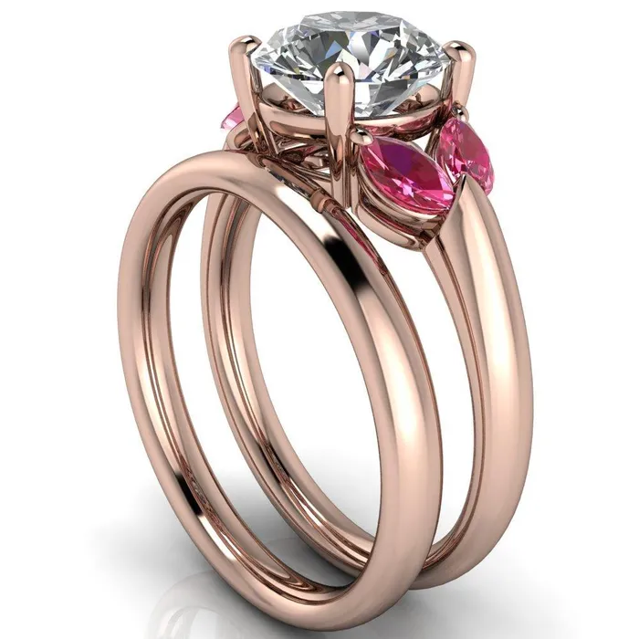 Fire Brilliance Rings Adrenne Round Center Stone 4 Prong Double Pink Sapphire Marquise Side Ring