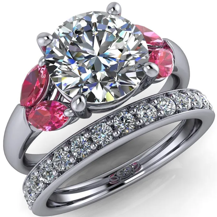 Fire Brilliance Rings Adrenne Round Center Stone 4 Prong Double Pink Sapphire Marquise Side Ring