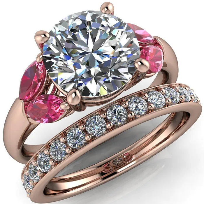 Fire Brilliance Rings Adrenne Round Center Stone 4 Prong Double Pink Sapphire Marquise Side Ring