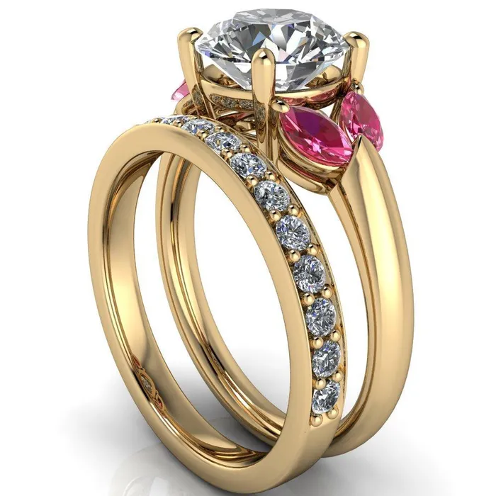 Fire Brilliance Rings Adrenne Round Center Stone 4 Prong Double Pink Sapphire Marquise Side Ring