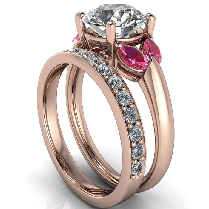 Fire Brilliance Rings Adrenne Round Center Stone 4 Prong Double Pink Sapphire Marquise Side Ring