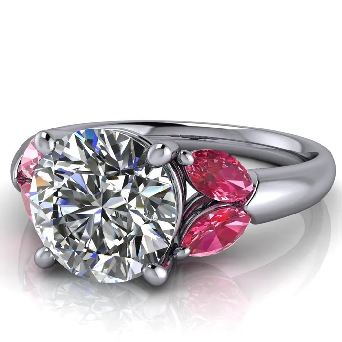 Fire Brilliance Rings Adrenne Round Center Stone 4 Prong Double Pink Sapphire Marquise Side Ring