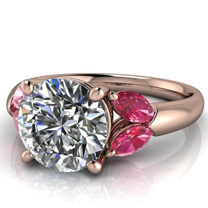 Fire Brilliance Rings Adrenne Round Center Stone 4 Prong Double Pink Sapphire Marquise Side Ring