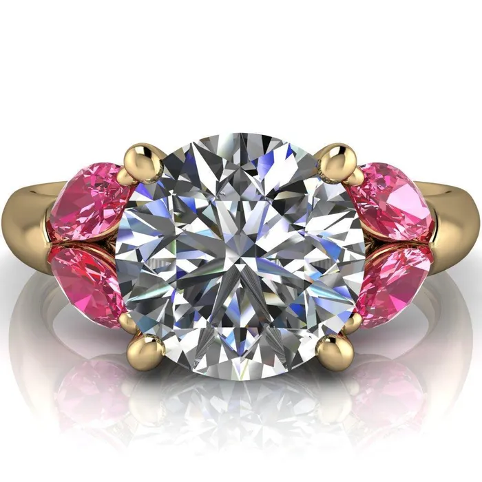 Fire Brilliance Rings Adrenne Round Center Stone 4 Prong Double Pink Sapphire Marquise Side Ring