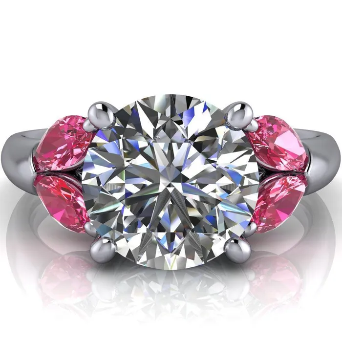 Fire Brilliance Rings Adrenne Round Center Stone 4 Prong Double Pink Sapphire Marquise Side Ring