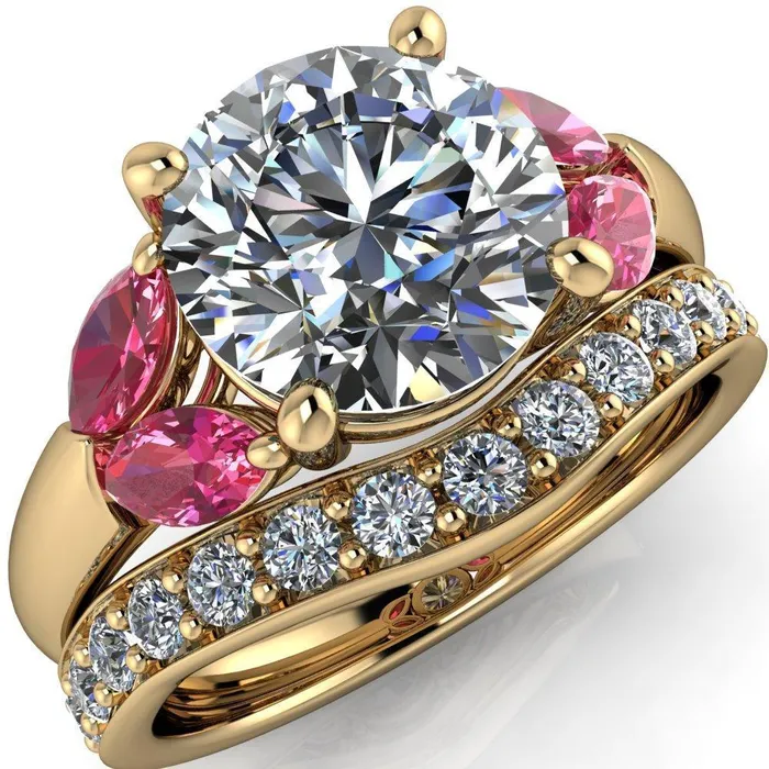 Fire Brilliance Rings Adrenne Round Center Stone 4 Prong Double Pink Sapphire Marquise Side Ring