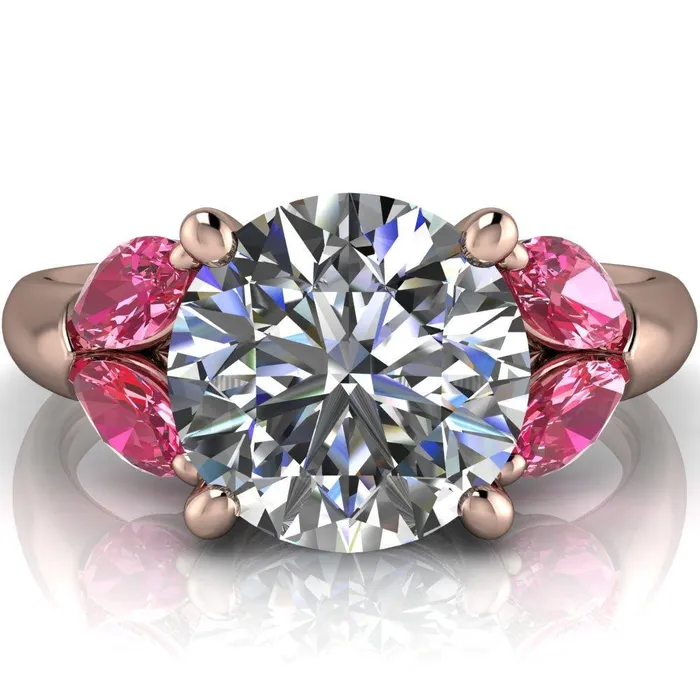 Fire Brilliance Rings Adrenne Round Center Stone 4 Prong Double Pink Sapphire Marquise Side Ring